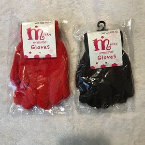 Minky Red / Brown Womens Girls Soft Cozy Fuzzy Warm Gloves Set Of 2 One Sz New